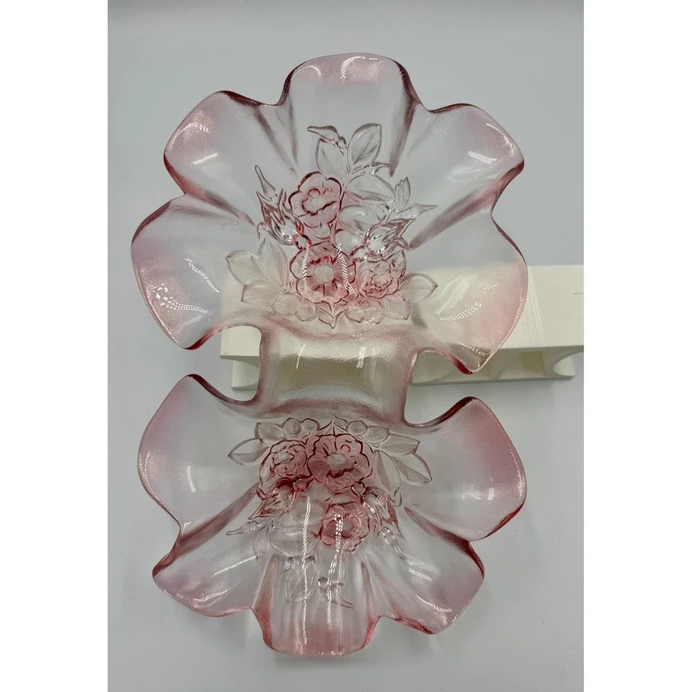 Mikasa Rosella Double Heart Relish Dish Pink Frosted Floral Glass Candy Bowl